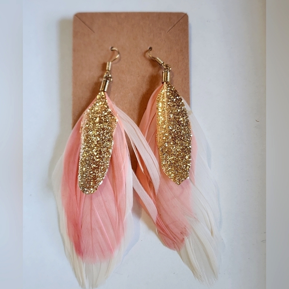 Pink Feather Earrings Gold Filigree Boho Handmade Dangle Earrings